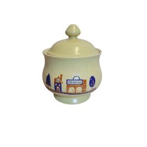 Vintage stoneware storage container Firehouse No 2 countryside scene with lid